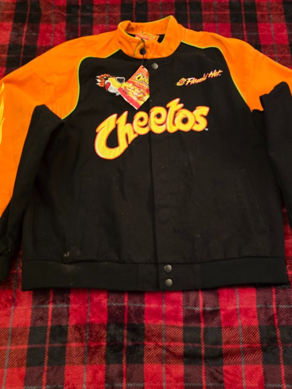 Cheetos Flamin' Hot Racing Jacket Chester Cheetah Flame Sleeves NWT